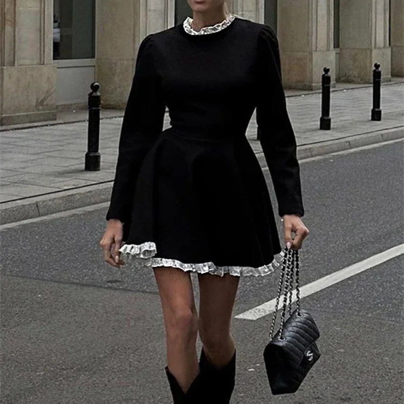Splice Lace Mini Dress For Women High Waist Slim Elegant Dresses Femme Wedding Retro Temperament Dress Womens Clothes 250206