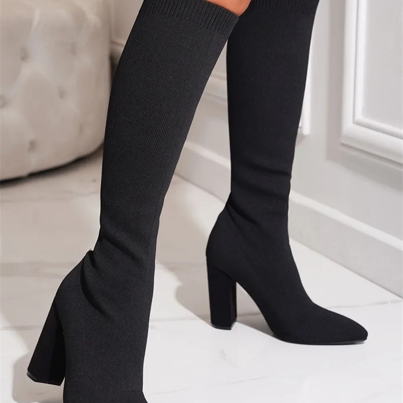 Womens shoes knitted boots high heels knee high boots platform boots Plus size 42 240926bj