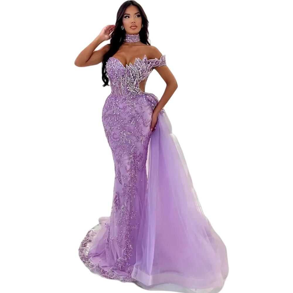 2025 Purple Sexy Prom Dresses Illusion Off Shoulder Arabic Mermaid Sequined Lace Crystal Beaded Evening Formal Party Gowns Detachable Train
