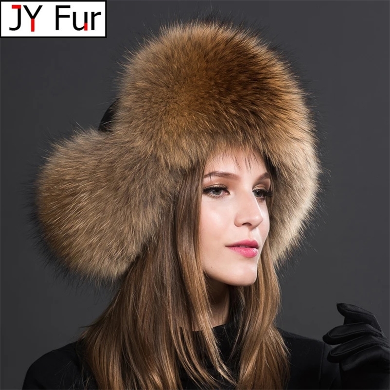 Womens Natural Raccoon Fur Hat Ushanka Winter Thick and Warm Ears Fashion Bomber Pom Hat Womens Real Fox Fur Hat Pom 240914bj