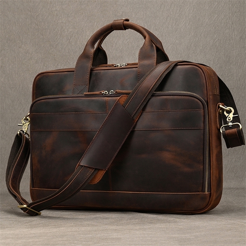 Crazy Horse Genuine Leather Men Briefcase Vintage 16 inch Big Business Laptop Handbag Large Cowhide Messenger Shoulder Bag Man 250923