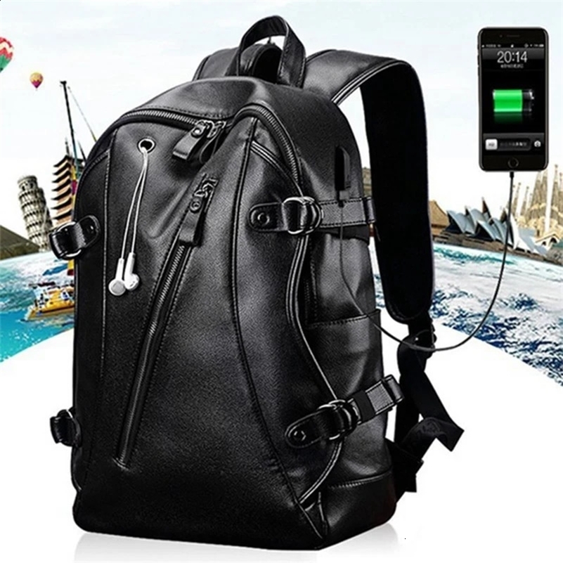 Backpack Men External Usb Charge Waterproof Backpack Fashion Pu Leather Travel Bag Casual School Bag Leather Bookbag 240730