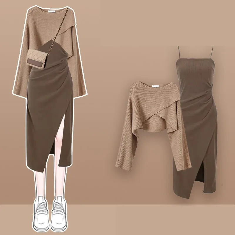 Women Spring Autumn Vintage ONeck Knit Sweatersexy Sling Skirt 2piece Suit Korean Chic Short Pullover Dress Matching Set 250922