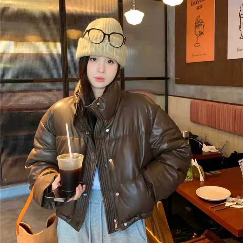 Womens Thick Warm PU Leather Down Jackets Vintage Outerwear Fluffy Parka Winter Coat Female Fashion New 2024 Z250923