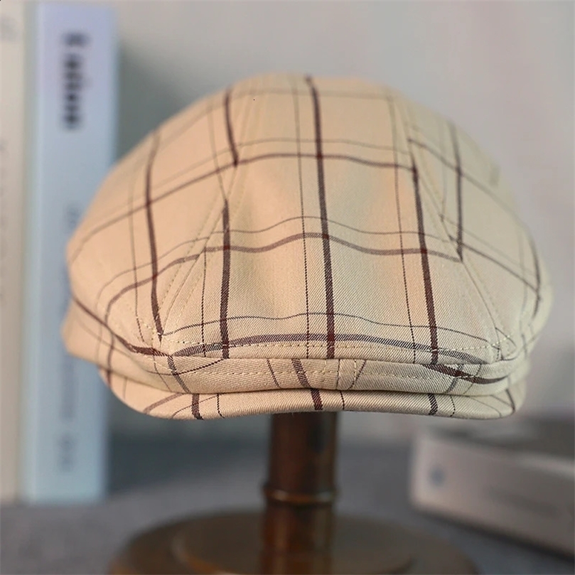 sboy Hat Men Beige Plaid Cotton Flat Caps Women British Painters Soft Spring Summer Autumn Berets Octagonal Cap A39 241220