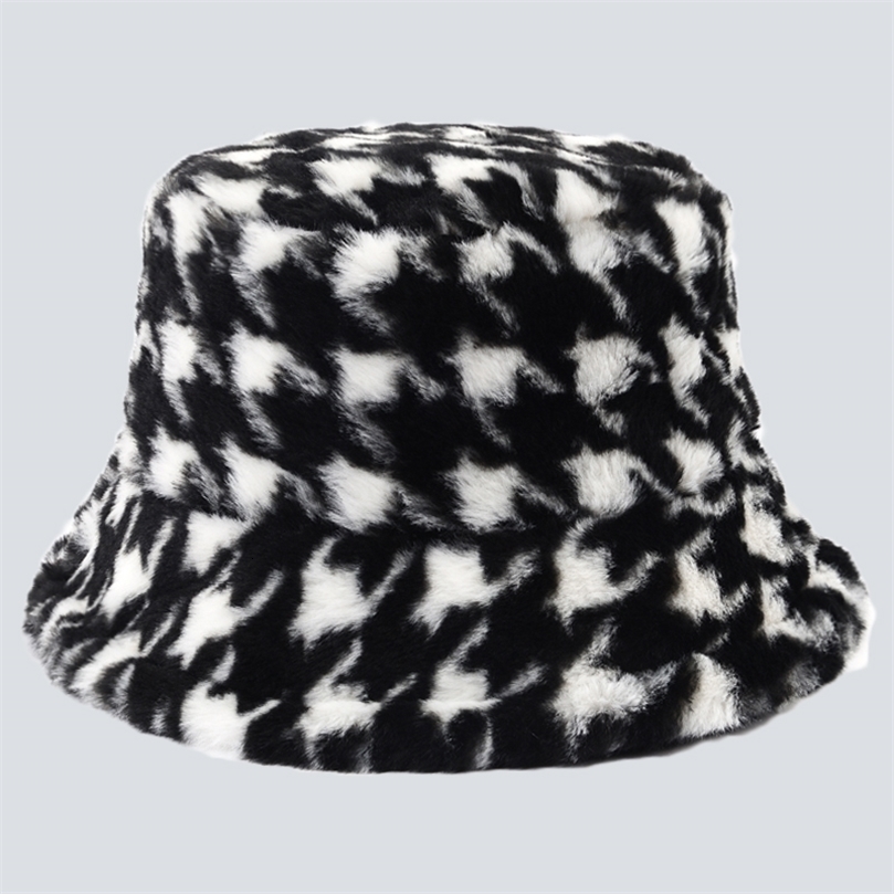 Stingy Brim Hats Women Fashion Houndstooth Bucket Hat Winter Girl Outdoor Faux Rabbit Fur Soft Fisherman Hat Vacation Warm Thick Panama 7 Color 2209