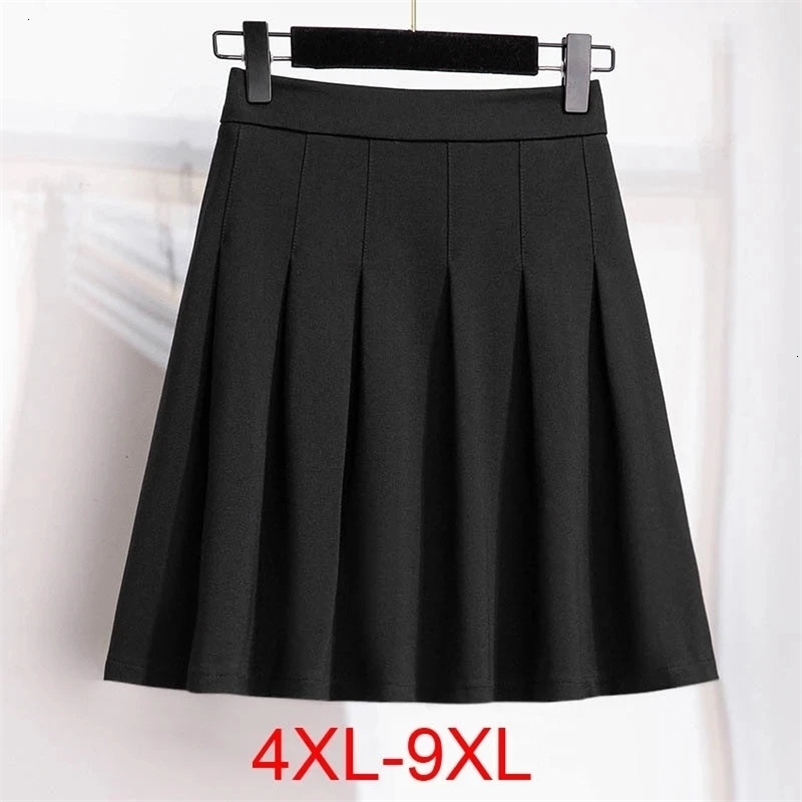150Kg Plus Size Womens Autumn Loose Pleated A-Line Skirt 4XL 5XL 6XL 7XL 8XL 9XL Fleece Solid Elastic Waist Skirt Black 240527