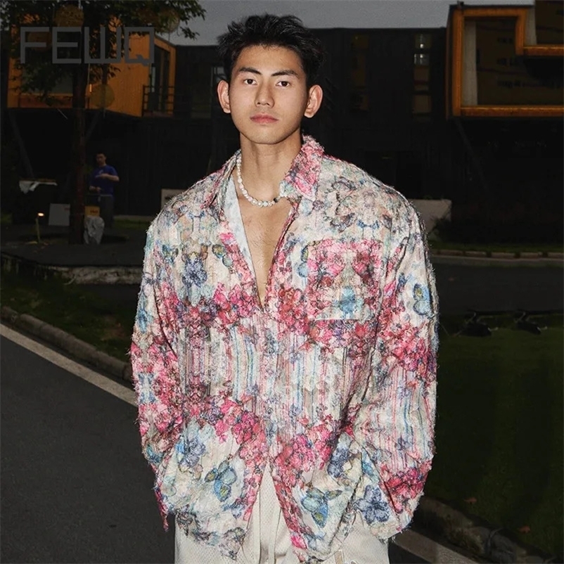 FEWQ Summer Casual Men Shirt Niche Printed Contrast Color Long Sleeve 2204 Korea Fashion Male Tops Loose 24E1923 240827