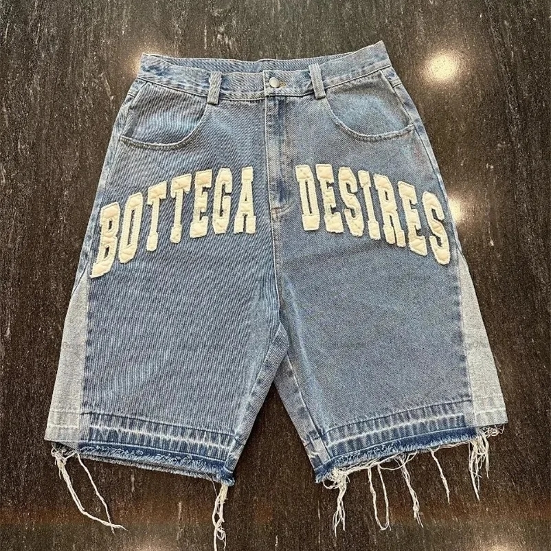American Street Harajuku Retro Denim Shorts with Letter Embroidery Oversized Jeans Men Y2k Loose Casual Versatile Shorts Women 240708