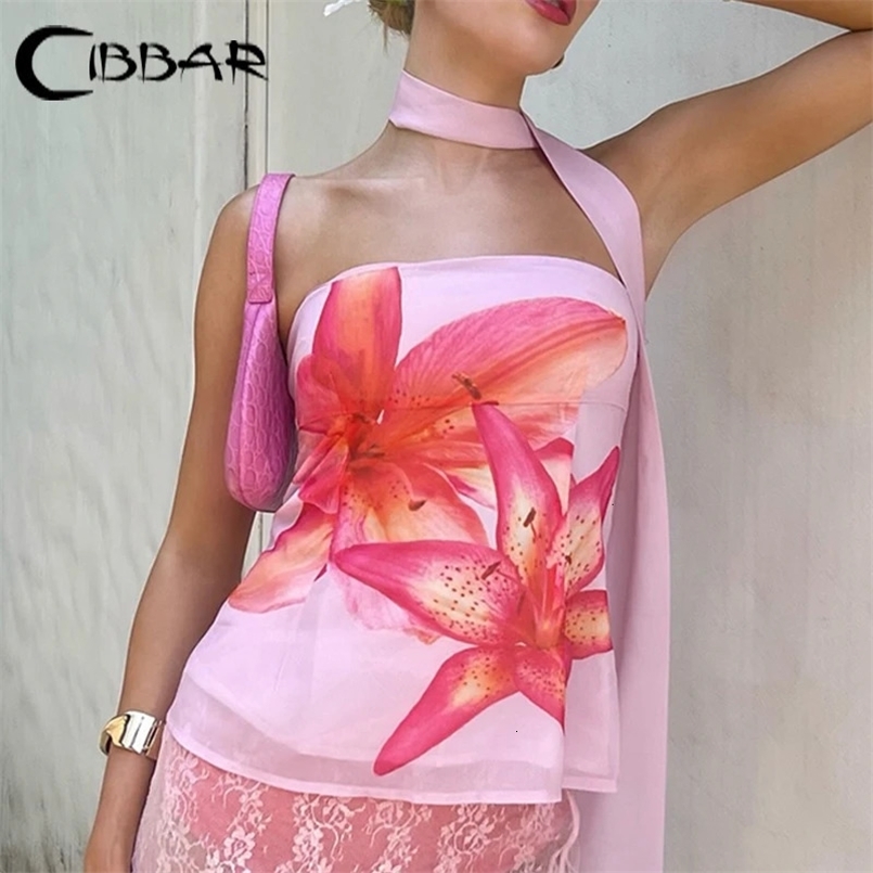 CIBBAR Holiday Floral Print Tube Top with Scarf Fairycore y2k Strapless Cropped Tops Women Summer Casual Vest Elegant Aesthetic 250425