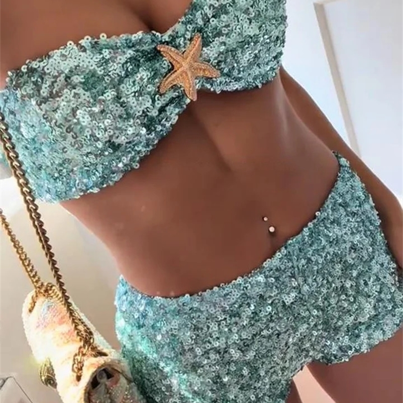 Sexy Sequined Bikini 2 Pieces Set For Woman Solid Strapless Sleeveless Crop Tops Slim A-line Mini Skirts 2025 Lady Summer Outfit 250527