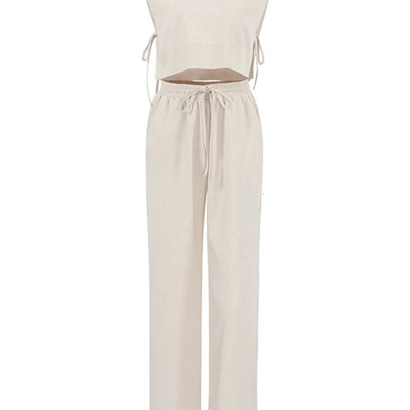 Summer Linen Pant Sets For Women 2 Piece Fashion Sexy Lace -Up Crop Tops Elastic Waist Loose Long Pants Suits 240729