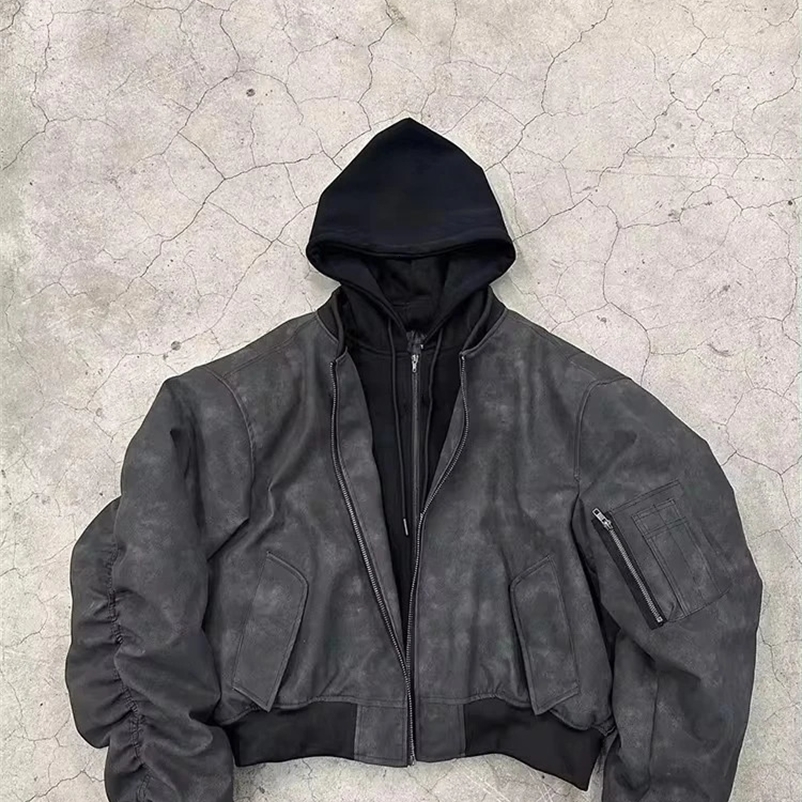 Mauroicardi Spring Oversized Vintage Black Faux Suede Leather jacket Men Zipper Fake 2 Piece er Clothes Hoodie 2024 241223bj