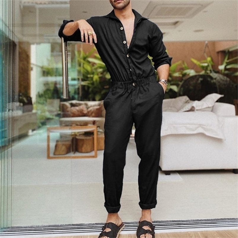 Mens Autumn Long Sleeve Overalls Pants Loose Stylish Fashion Casual Solid Color Lapel Button Jumpsuit Streetwear Leisure 240819