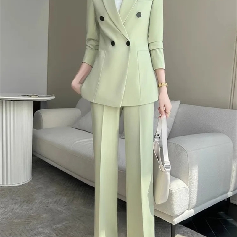 Women Fashion Elegant Chic Blazer Pantsuit Vintage Casual Solid Jackets Straight Pants Two Pieces Set Female Formal Outfits 240813