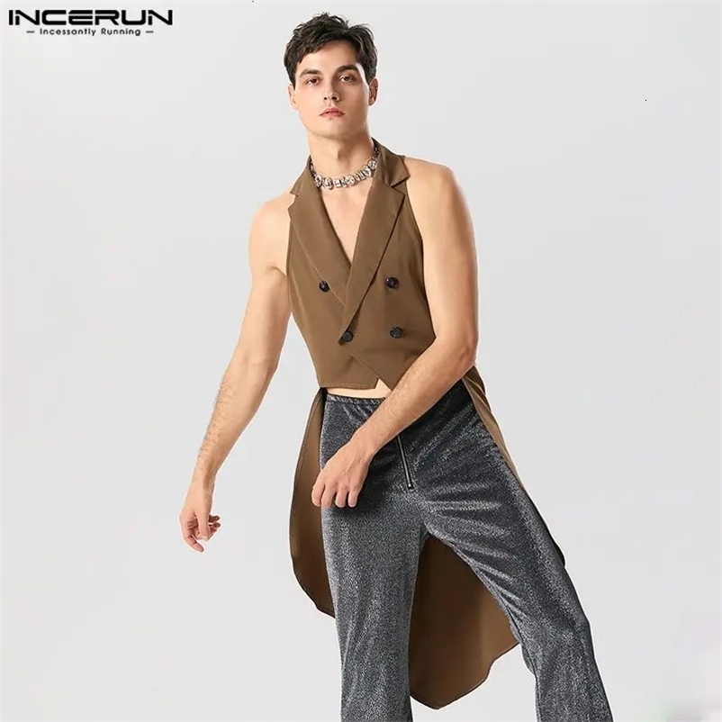 INCERUN Men Vests Solid Color Lapel Sleeve Double Breasted Irregular Blazer Vests Streetwear Fashion Casual Male Waistcoats 240615