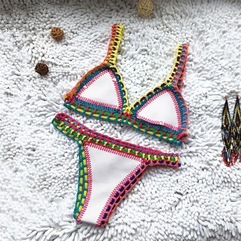 Bikini 2 Pcs/Set Bathing Suit Bright Color Patchwork Handmade Crochet Women Swimsuit for Beach Holiday Sexy Summer Swimwear 250310