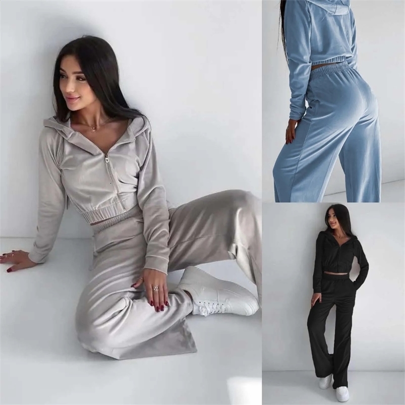 Two Pieces Set Womens Tracksuit Zip Up Sweatshirt Crop Tops Pant Sets Solid Joggers Pullover Hoodies And Sweatpants Suit 240812