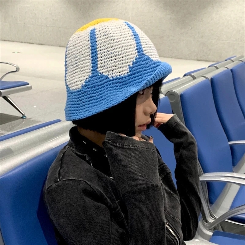 Retro Niche Cotton Knitted Bucket Hats Men Spring and Summer Travel Korean Versatile Fashion Contrasting Color Womens Cap Y2k 240514