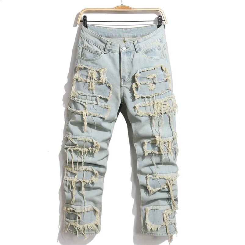 Uomini eleganti patch strappato giuntura motociclista jeans pantaloni retrò di buona qualità pantaloni in denim dritto sciolto 240819