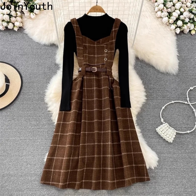 Vintage Two Piece Sets Womens Outfits Knitted Stand Pullovers Retro Tweed Plaid Dress Suit Roupas Femme Chic Korean Loose Set 240729