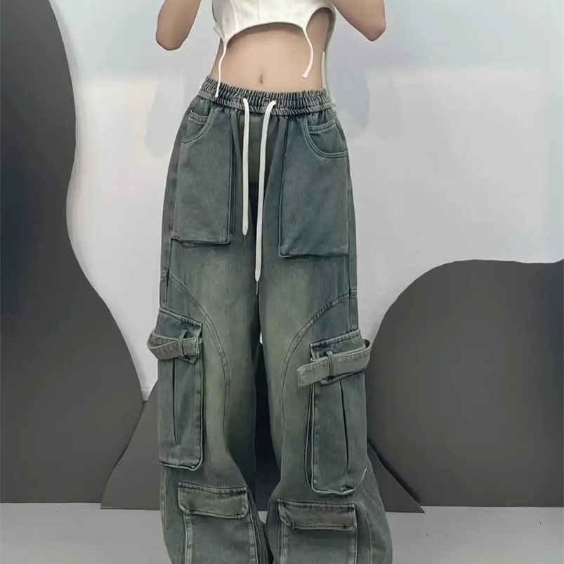 American trend street summer loose fitting work jeans for men and women straight leg multi pocket casual pants y2k 240708