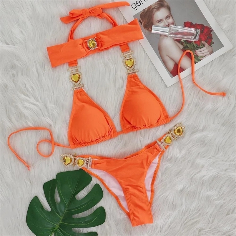 SERENECHIC Womens Diamond Solid Halter Two-Piece Swimwear Sexy Thong Bikini Set Bathing Suit Summer Vacation Beachwear 250314