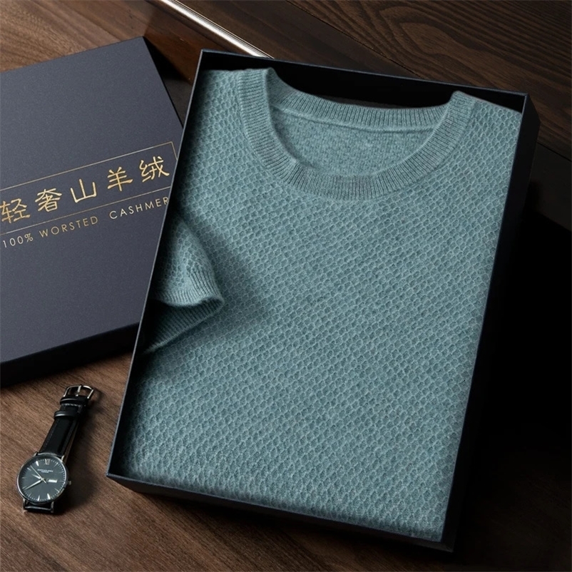MVLYFLRT Mens Sweater 100% Cashmere Round Neck Short Sleeve Casual Knitted Pullover Summer Honeycomb Tank Top 240415