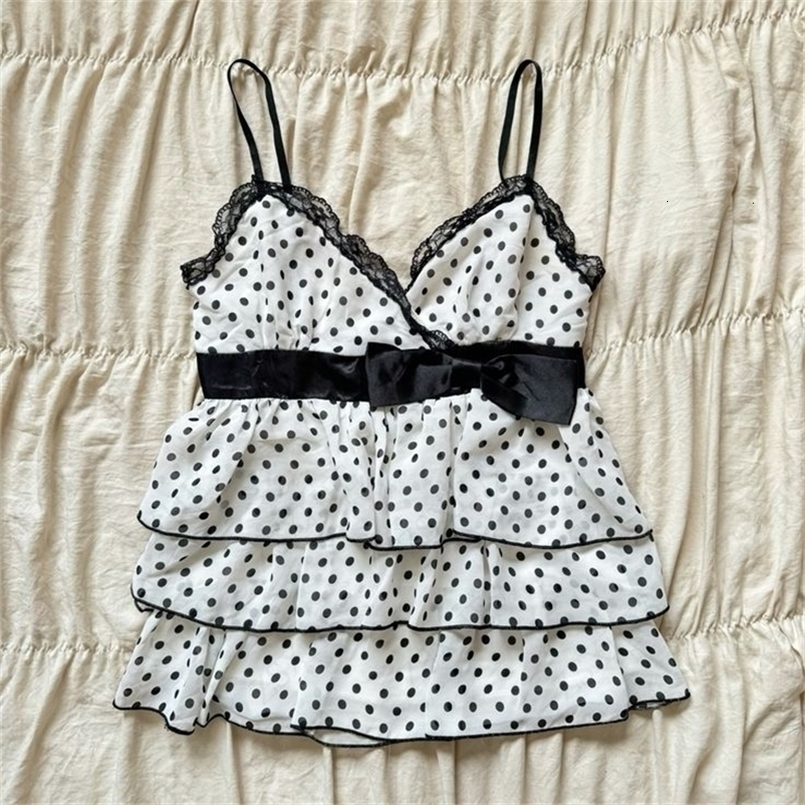 Sweet Girl Camis Lace Korea Kawaii Loose Polka Dot Sexy Bow Harajuku Women Clothing Aesthetic Tank Top Femme Grunge Y2k Crop Top 250415