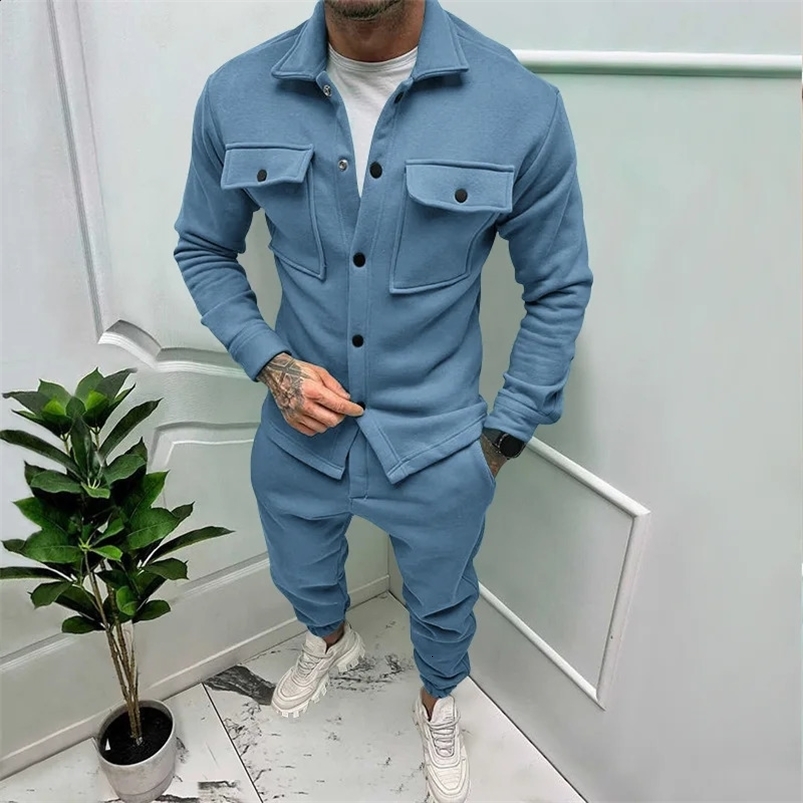 24 plus size fashion suit everyday Joker comfortable mens autumn button suede casual jacket pants 2-piece set 240819
