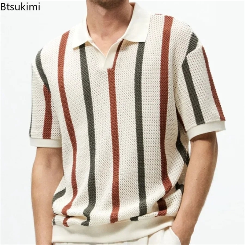 2025 MensSummer Fashion Hollow Out Knitted Polo Shirts Striped Contrast Color Business Casual Knitwear Pullover for Men 250122