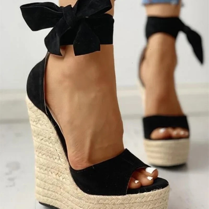 Womens Summer Bow Solid Black Open Sandals Fashion Platform High Heel Wedge Shoes Ankle Bow Dress Shoes 35-42 240612bj