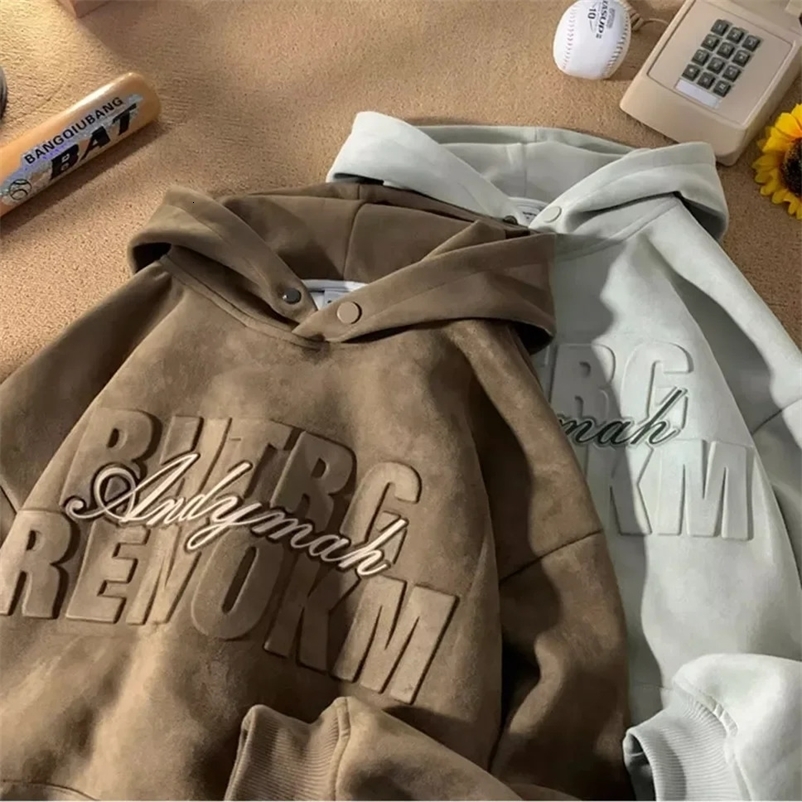 American Retro Suede Hoodie Mens Three-dimensional Decorative Print High-quality Loose Padded Pullover Trendy Street Y2K Jacket 240131