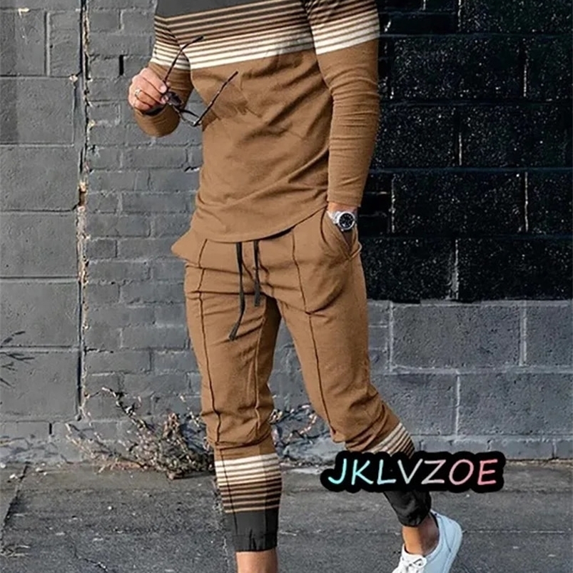 Autumn Mens Tracksuits Sets Print Long Sleeve T-shirt Trousers 2 Piece Outfits 3D Striped Streetwear Oversized Casual Suits 240819