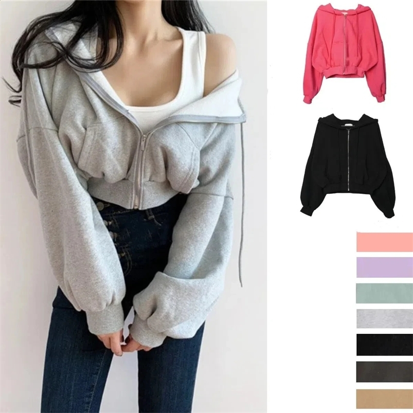 Women Plain High-waisted Fleece Short Zip Up Hoodies Winter Basic Casual Loose Sweatshirt S to XXL Oversized Hooded Jackets Coat 240819