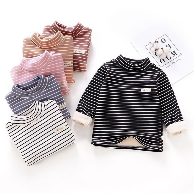 Hoodies Sweatshirts Children s Striped T shirt Spring Autumn Boys And Girls Turtleneck Fleece Thick Long Sleeved Base Shirts Baby Kids Tops WTB37 23