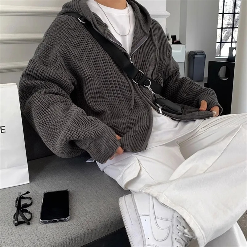 Winter Clothing Mens Knitted Hooded Zipper Cardigan Sweater Long Sleeve Solid Color Hoodie Korean Knitwear 250206