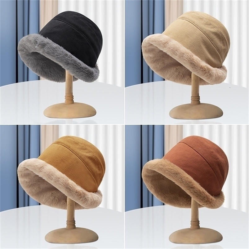 Stingy Brim Hats Winter Plus Velvet Lamb Hair Female Bucket Street Shooting Casual Wide Warm Plush Pot for Internet Celebrities 220923