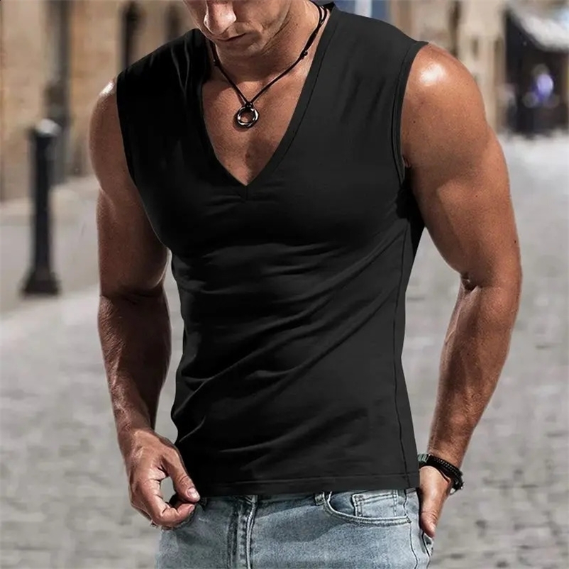 Summer mens solid color V-neck vest casual breathable sleeveless T-shirt set suitable for fitness and sports 250428
