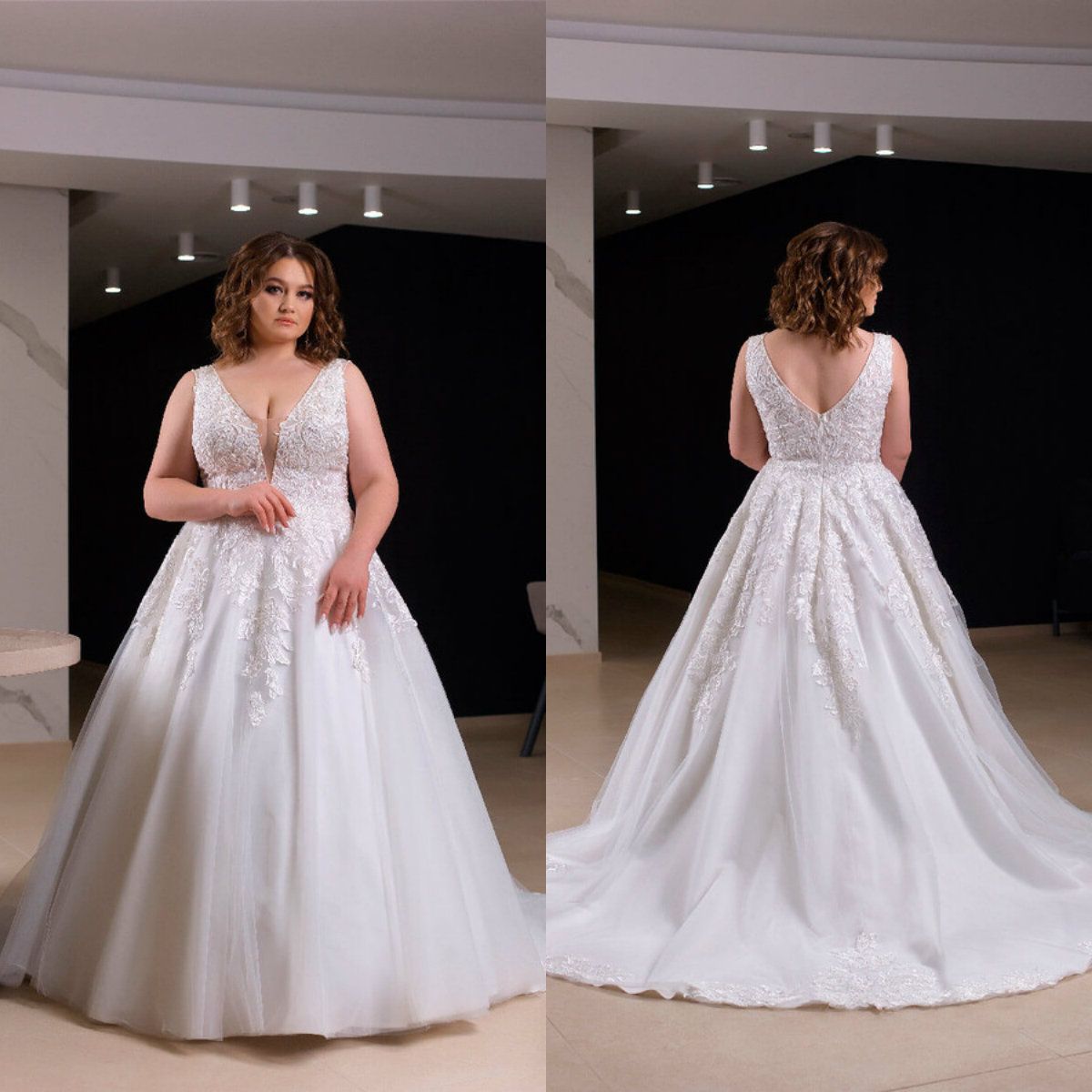 Wedding Dresses Plus Size: Bohemian V-Neck Sleeveless Bridal Gown with Appliqued Details, Open Back and Ruffle Sweep Train, Custom Made
