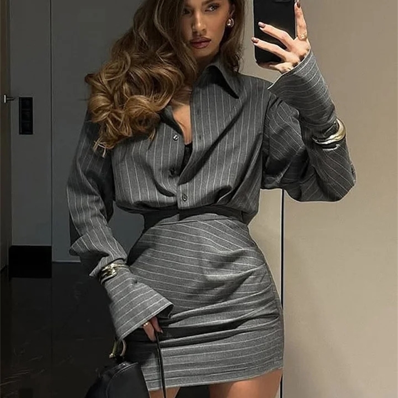 Sexy Striped Mini Skirt Set Women Lapel Single-breasted Shirts Hip Package Skirts 2025 Spring Summer Slim Lady 2 Pieces Outfits 250606