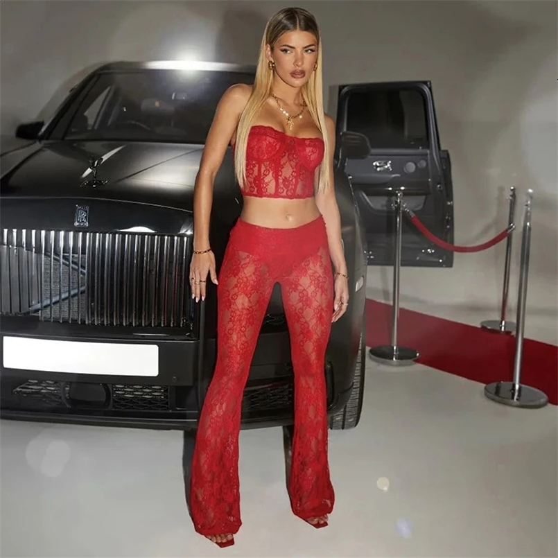 BUILDINGB Spring Women Strapless Bodycon Crop Top Pants Sets Party Club Outfits For Women Sexy Red Lace Sheer Two Pieces 250415