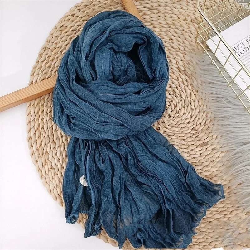 Cotton linen scarf solid color female literature texture folding length spring and autumn winter shawl thin fried dough twisted ethnic 240905bj