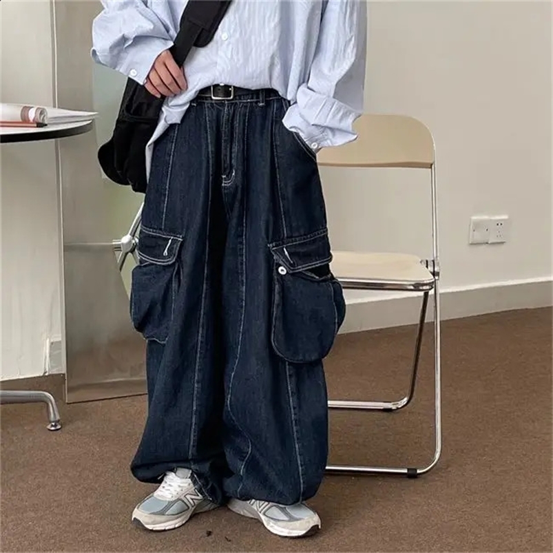 American summer street men and women hip-hop personality straight tube multi pocket workwear jeans couple loose casual pants y2k 240819