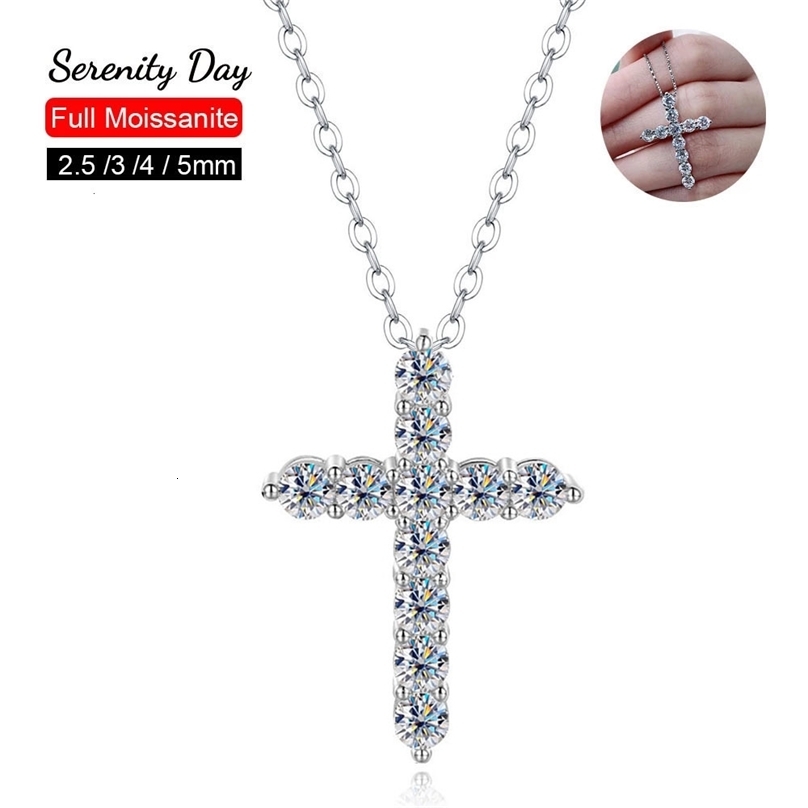Pendant Necklaces Serenty Day Real D Color 3mm 4mm 5mm Full Cross Necklace For Women 100% S925 Sterling Silver Jesus Chain Fine Jewelry 230519