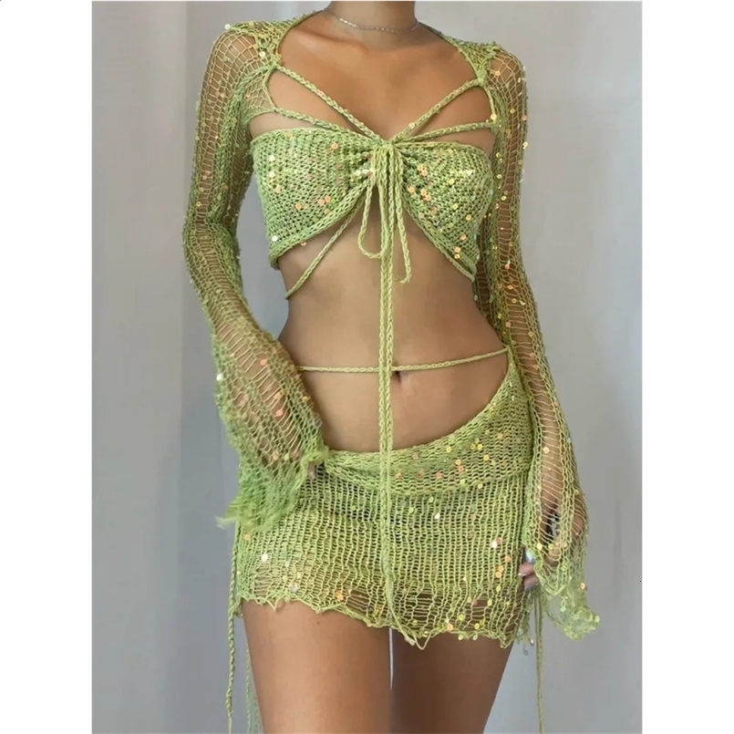 Crochet Knitted Dress Two Piece Skirt Sets Summer Women Clothes Sexy Crop Tops Elegant Knit Sequin Dress 2 Piece Set Outfit 250411