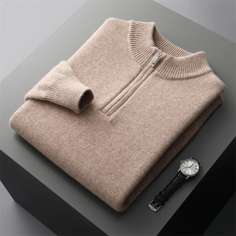 Autumn and Winter Thickened Half High Neck sweater Mens Clothing Zipper Pullover 100% Merino wool Knitted Jacket Top 240914