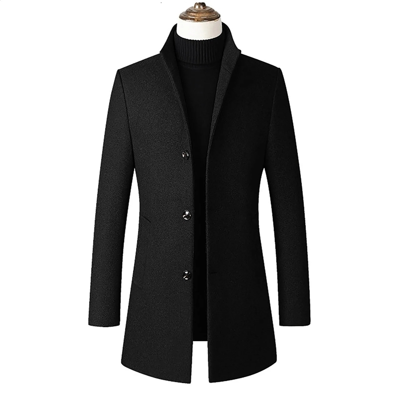 MenS Mid-Length Slim Woolen Coat Fashionable Stand-Up Collar Solid Color Coat Comfortable Soft Warm Outwear Abrigo Hombre 240809