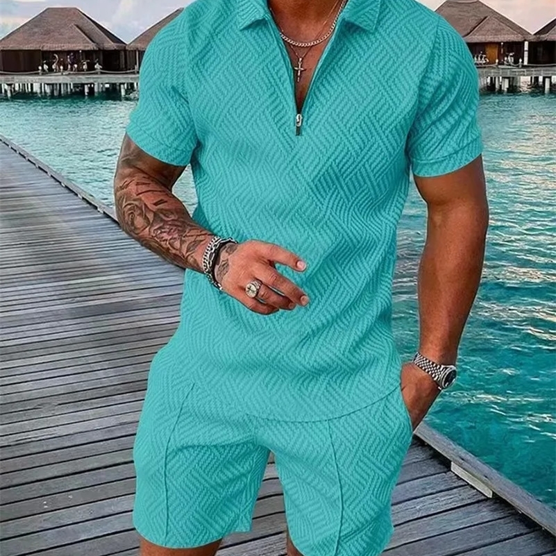 style Mens Fashion Casual Solid Color Striped POLO Shirt set Lapel Short-sleeved Pullover Sports Trend Mens T-shirt 240806