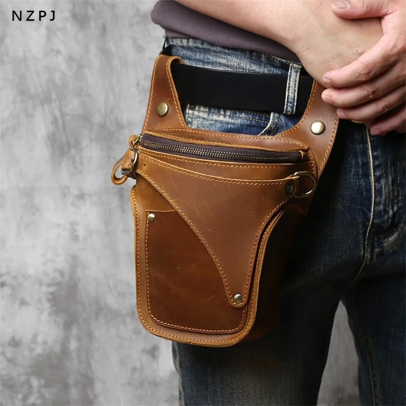 NZPJ Retro Genuine Leather Mens Waist Bag Natural Cowboy Outdoor Motorcycle Mens Bag Crazy Horse Leather Phone Bag 241023bj